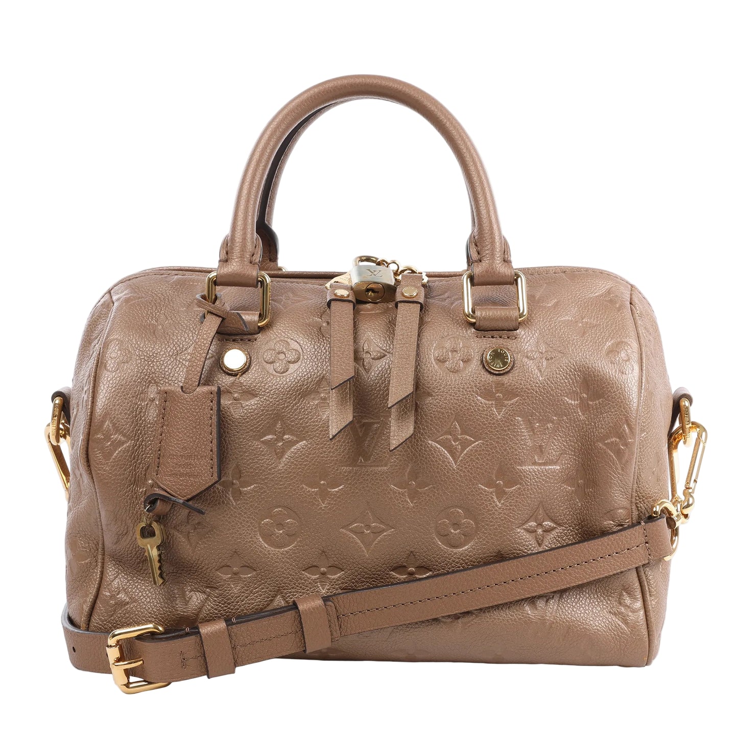Louis Vuitton Monogram Empreinte Speedy 25 Bandoulière 2Way Handbag in beige grained leather with monogram embossing, dual rolled handles, detachable shoulder strap, gold-tone hardware, and padlock, shown against a white background.