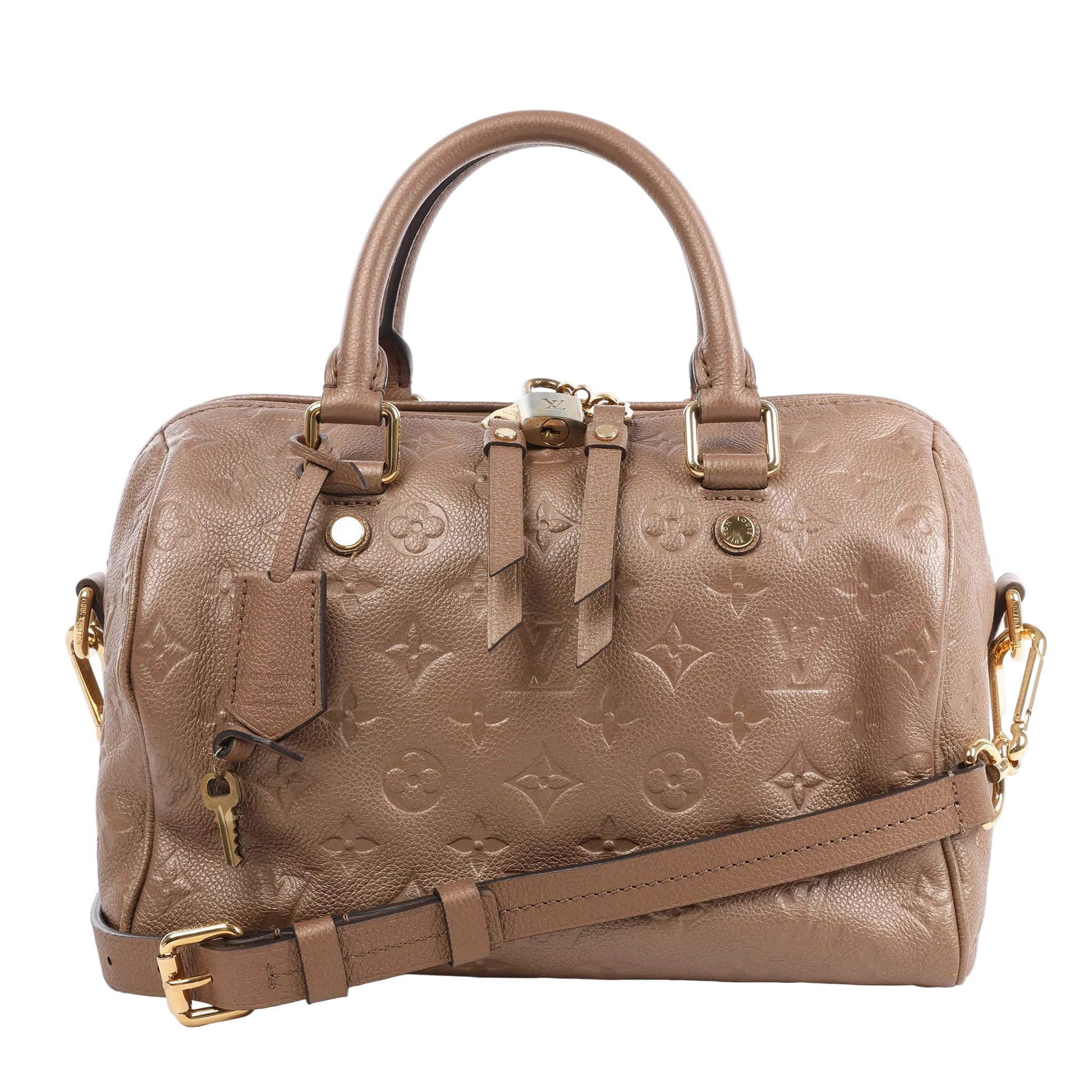 Louis Vuitton Monogram Empreinte Speedy 25 Bandoulière 2Way Handbag in beige grained leather with monogram embossing, dual rolled handles, detachable shoulder strap, gold-tone hardware, and padlock, shown against a white background.