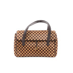 Louis Vuitton Lionne Damier Sauvage pony-style handbag in brown checkered pattern with dark leather top handles, front flap, and a central leather strap with small gold-tone square charm, shown on a white background.