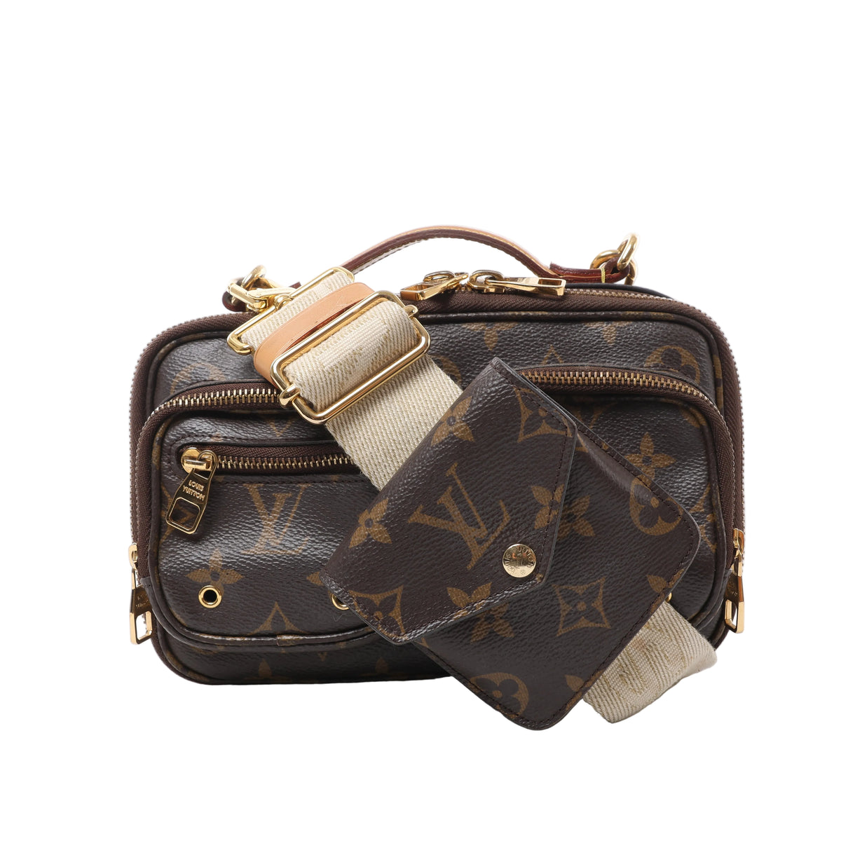 Brown Louis Vuitton Utility Monogram bag with front zip pockets, a leather top handle, gold-tone hardware and a cream strap with a Monogram flap pouch.
