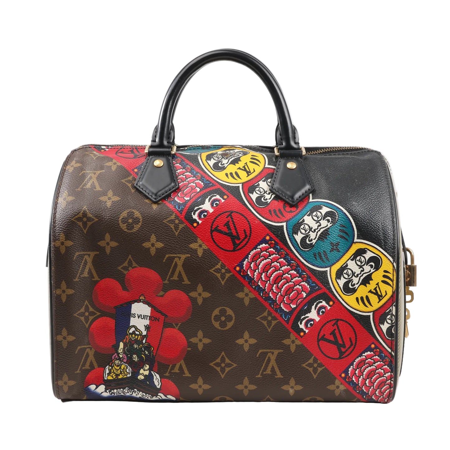 Front view of the Louis Vuitton × Kansai Yamamoto Speedy 30 handbag in Monogram canvas, featuring multicolor Daruma and Kabuki-inspired prints, black leather handles, and gold-tone hardware on a structured silhouette.