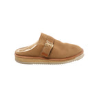 Side view of a Louis Vuitton brown suede mule with cream fleece lining, an open back, gold-tone LV hardware on the front strap and a thick cream sole.