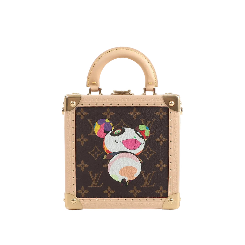 Louis Vuitton x Takashi Murakami mini square trunk bag in brown Monogram canvas with multicolor character print, beige frame, top handle, and gold-tone corner hardware.
