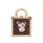 Louis Vuitton x Takashi Murakami mini square trunk bag in brown Monogram canvas with multicolor character print, beige frame, top handle, and gold-tone corner hardware.