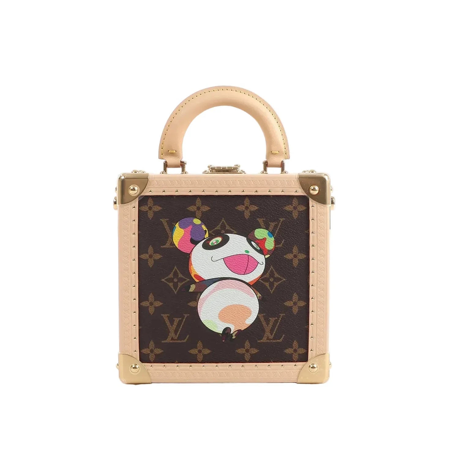Louis Vuitton x Takashi Murakami mini square trunk bag in brown Monogram canvas with multicolor character print, beige frame, top handle, and gold-tone corner hardware.