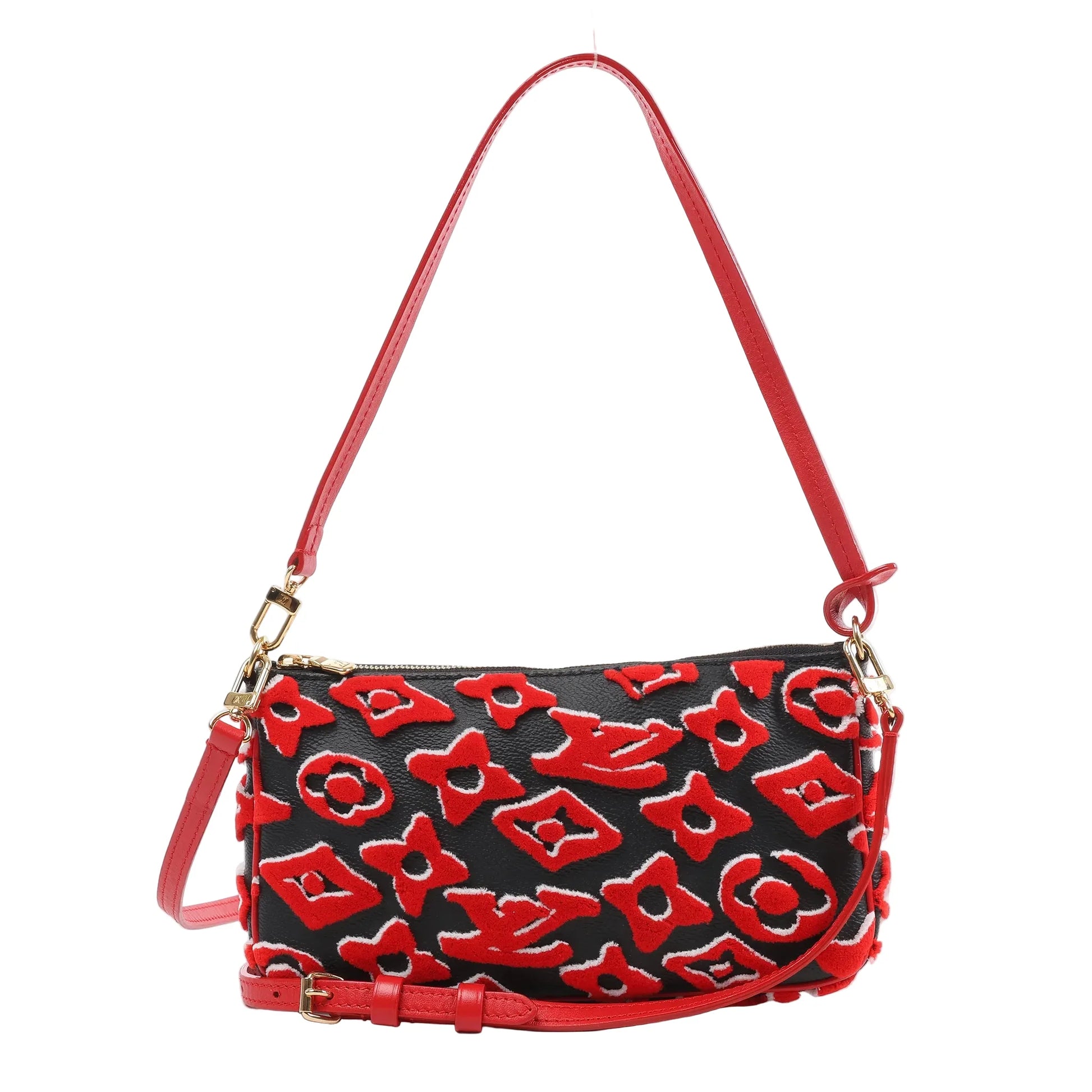 Louis Vuitton x Urs Fischer Pochette Accessoire 2Way Handbag M45548 in black grained leather with raised red Monogram tufted pattern, detachable red leather strap and gold-tone hardware, displayed upright against a white background.