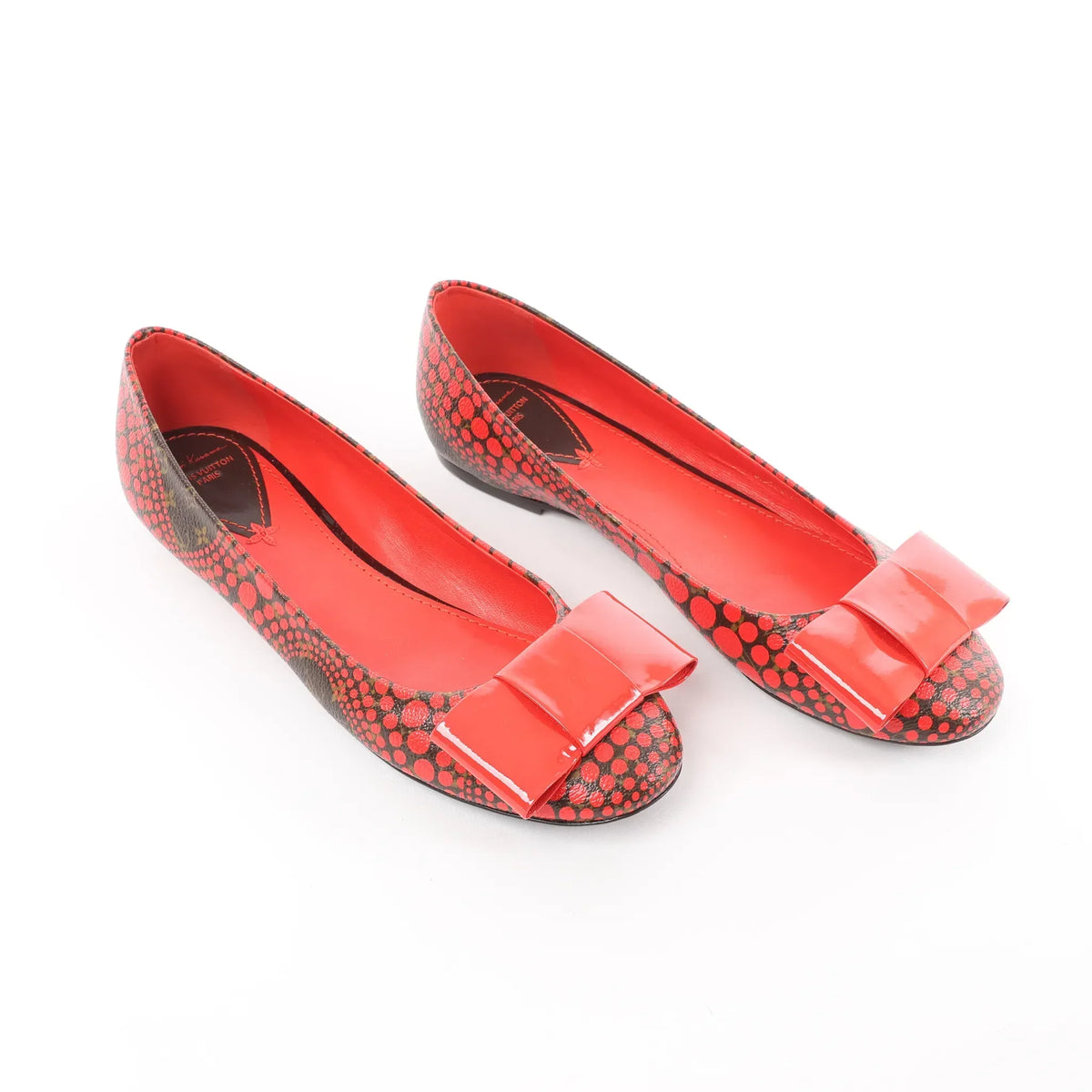 Louis Vuitton x Yayoi Kusama Bow 12 years Leather Polka Dot Ballet Flats in Red x Black, Size 38.5 EU