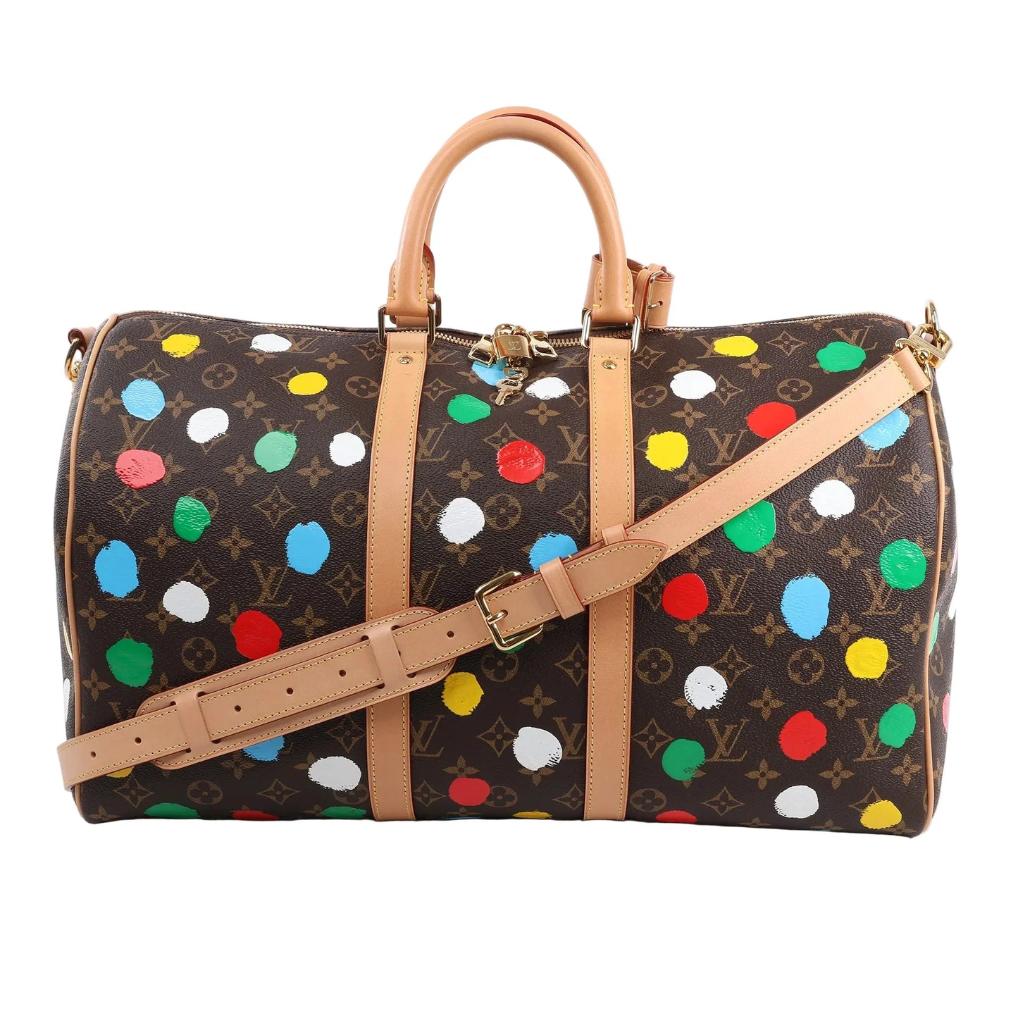 Louis Vuitton x Yayoi Kusama Monogram Keepall Bandoulière 45 Travel Bag M46377 in brown monogram canvas with multicolor painted dots, natural Vachetta leather handles and trim, gold-tone hardware, and detachable shoulder strap, displayed against a white background.