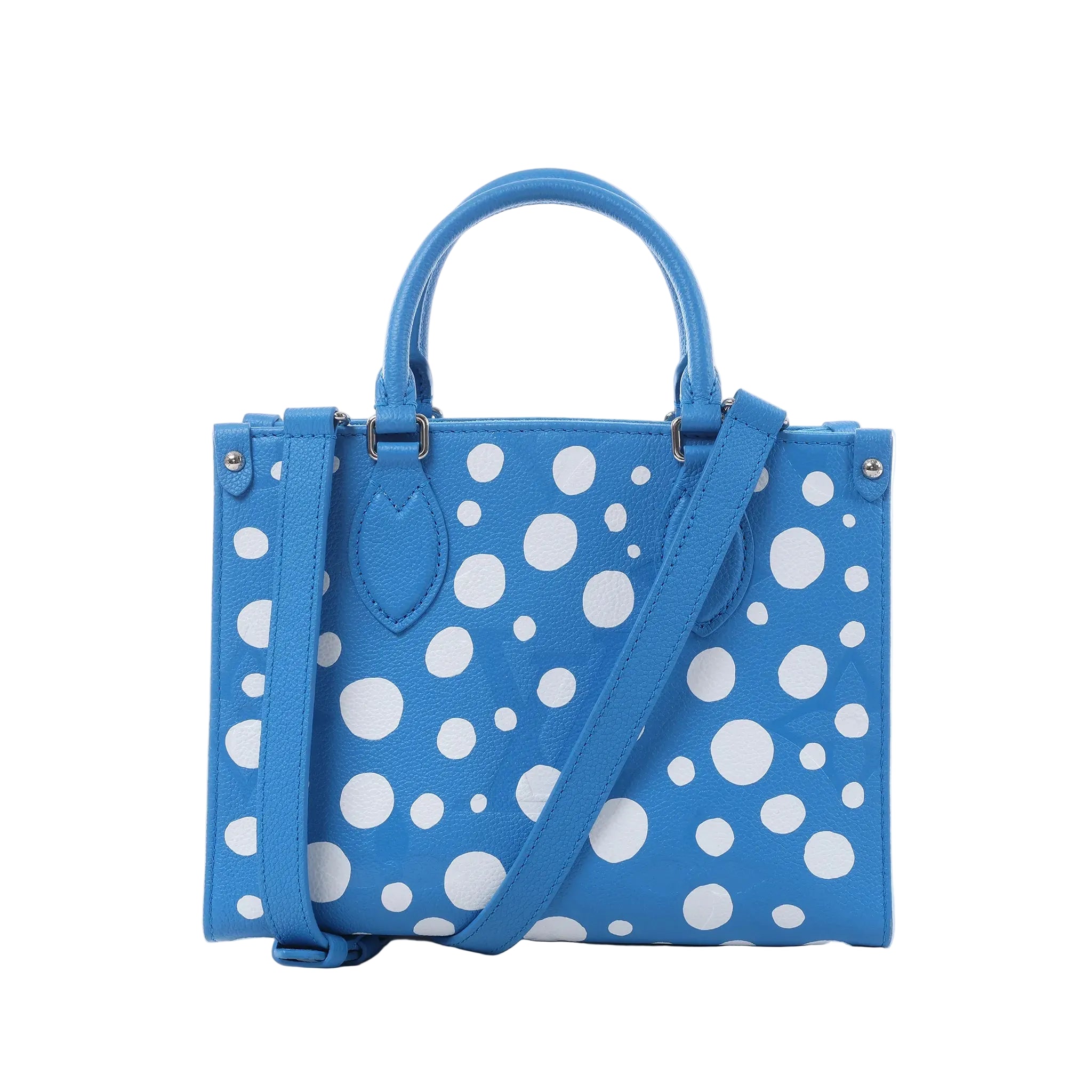 Louis Vuitton x Yayoi Kusama OnTheGo PM blue Empreinte leather handbag with white polka dots, top handles, and shoulder strap on white background.