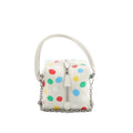 White leather Louis Vuitton x Yayoi Kusama square handbag with multicolor polka dots, top handle, silver-tone zip closure, and silver chain strap.