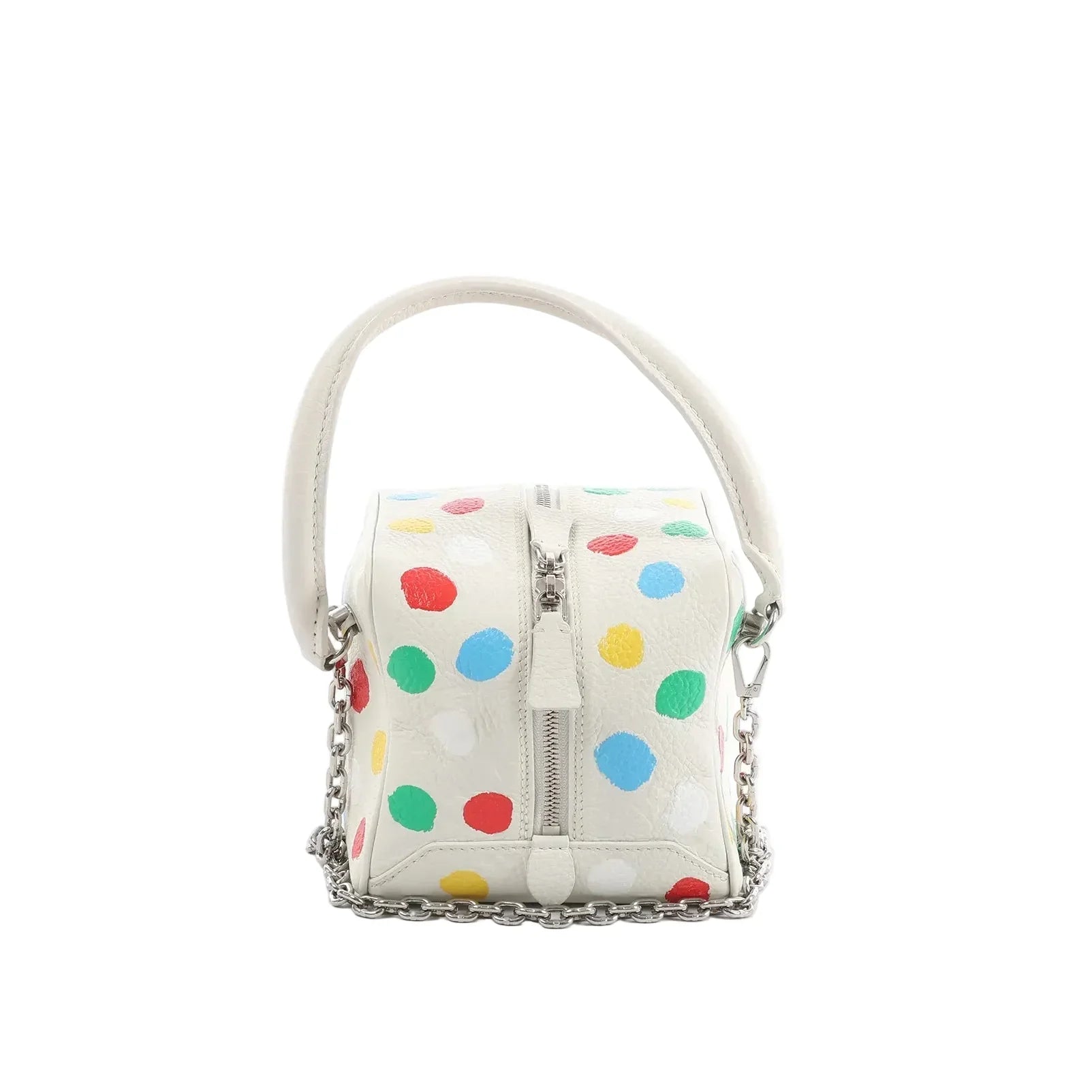 White leather Louis Vuitton x Yayoi Kusama square handbag with multicolor polka dots, top handle, silver-tone zip closure, and silver chain strap.