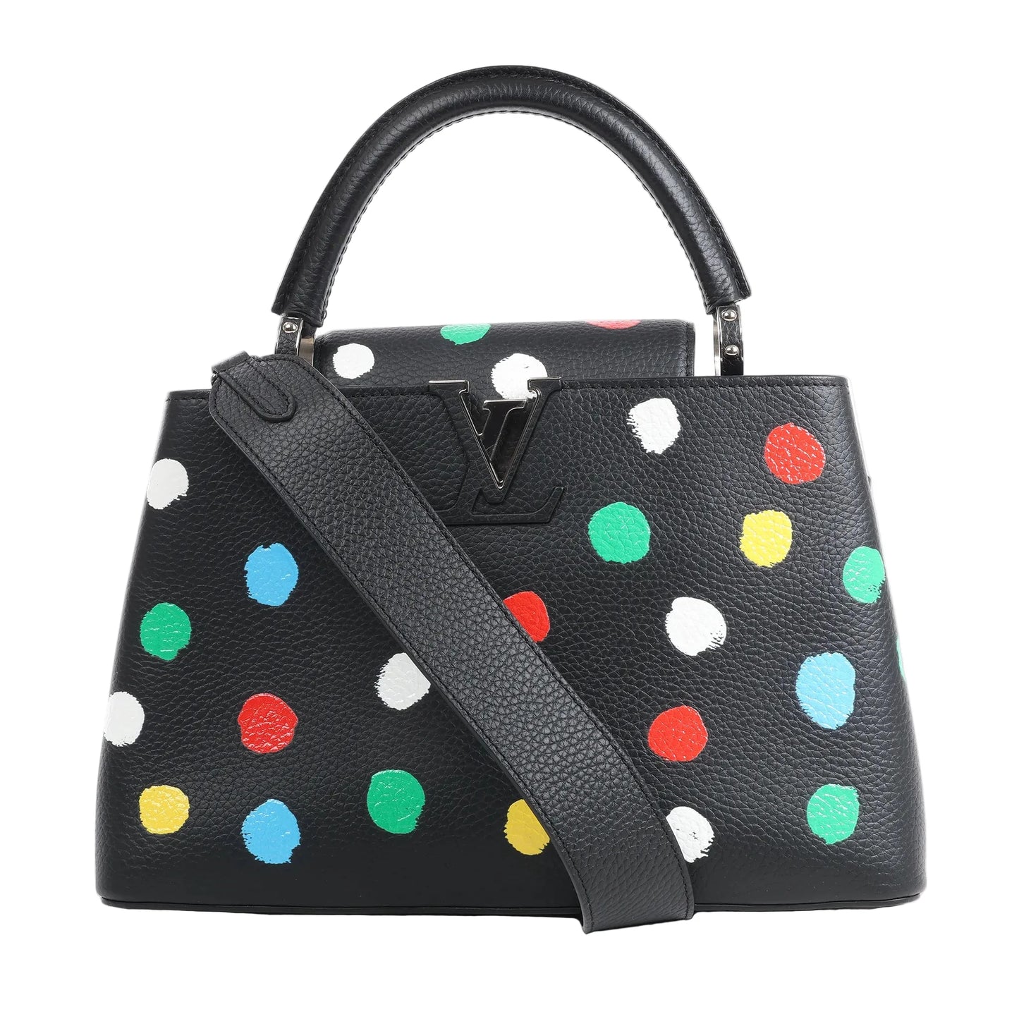 Louis Vuitton x Yayoi Kusama Capucines MM handbag in black Taurillon leather, adorned with colorful painted polka dots in white, green, red, blue, and yellow, featuring a top handle, wide shoulder strap, and black LV initials, displayed against a white background.