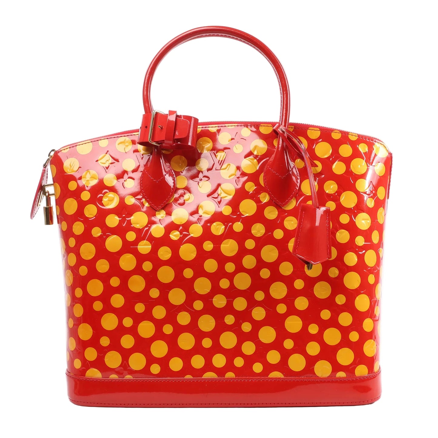 Louis Vuitton x Yayoi Kusama Lockit MM handbag in glossy red Vernis leather, covered with bold yellow polka dots, featuring top handles, gold-tone lock hardware, and a structured silhouette, displayed against a white background.