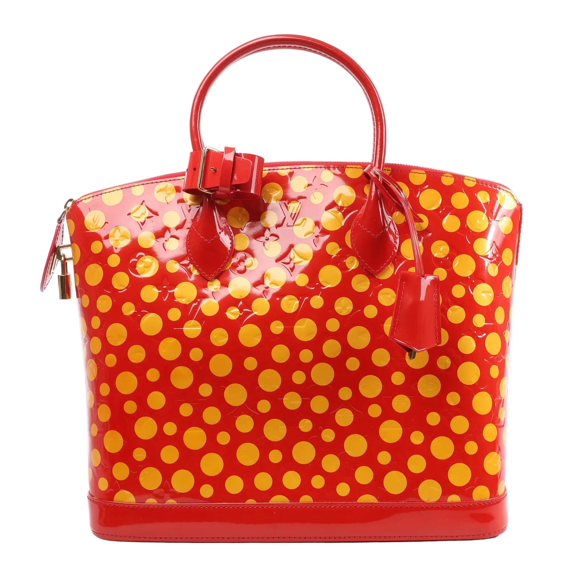 Louis Vuitton x Yayoi Kusama Lockit MM handbag in glossy red Vernis leather, covered with bold yellow polka dots, featuring top handles, gold-tone lock hardware, and a structured silhouette, displayed against a white background.