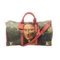 Louis Vuitton Keepall 50 travel bag with Mona Lisa artwork print, “DA VINCI” lettering, pink leather top handles and trim, detachable pink shoulder strap, and LV and JK initials on the corners.