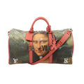 Louis Vuitton Keepall 50 travel bag with Mona Lisa artwork print, “DA VINCI” lettering, pink leather top handles and trim, detachable pink shoulder strap, and LV and JK initials on the corners.