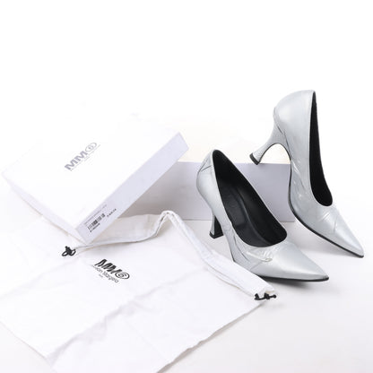 MAISON MARGIELA MM6 9 cm Laminated Leather Pumps in Silver, Size 37 EU