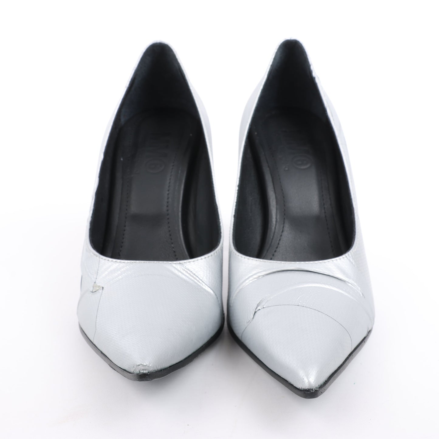 MAISON MARGIELA MM6 9 cm Laminated Leather Pumps in Silver, Size 37 EU