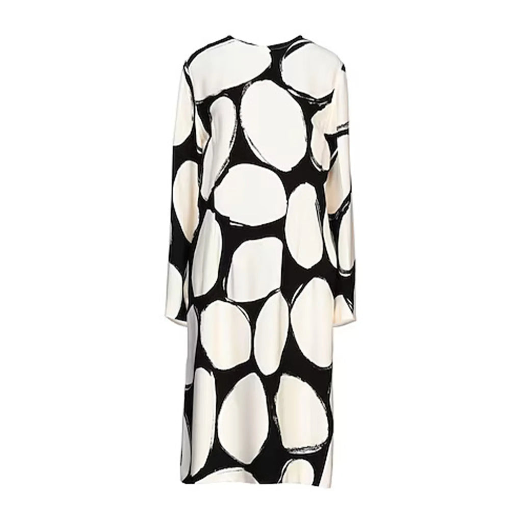 Marni cream and black printed crepe midi dress with long sleeves, round neckline and oversized abstract oval print, displayed against a white background.