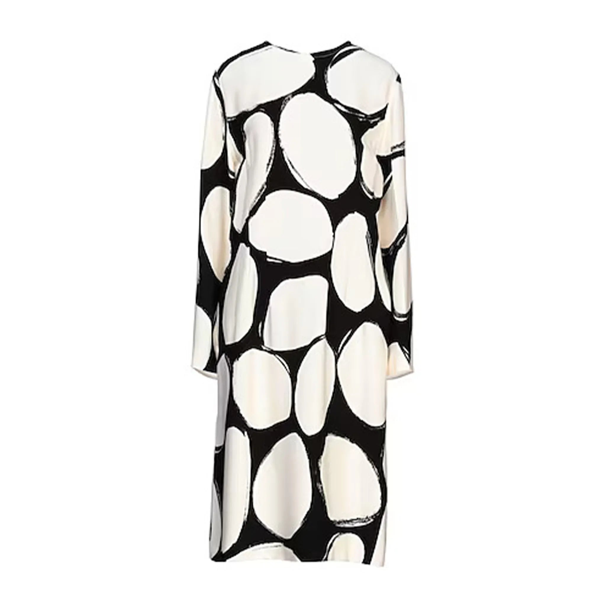 Marni cream and black printed crepe midi dress with long sleeves, round neckline and oversized abstract oval print, displayed against a white background.