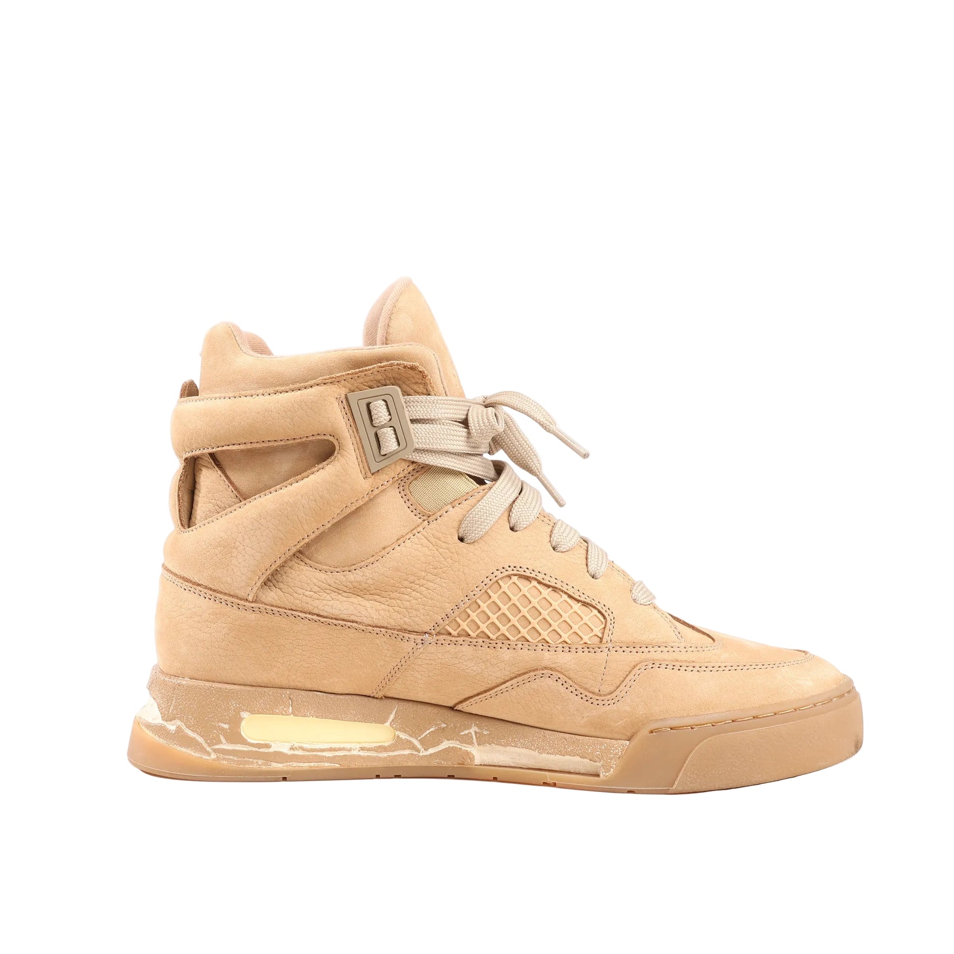 Maison Margiela DDstk high-top sneakers in beige nubuck leather, size 43 EU, featuring layered paneling, mesh side detail, cracked-effect midsole, and tonal laces.