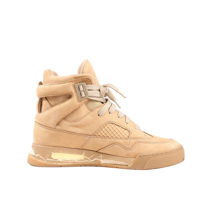 Maison Margiela DDstk high-top sneakers in beige nubuck leather, size 43 EU, featuring layered paneling, mesh side detail, cracked-effect midsole, and tonal laces.