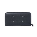 Maison Margiela black textured leather zip-around wallet with four white signature stitches and black zipper pull.