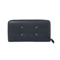 Maison Margiela black textured leather zip-around wallet with four white signature stitches and black zipper pull.
