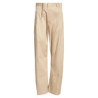 Maison Margiela beige pleated cotton gabardine straight-leg pants with belt loops, front pleats and a tailored silhouette, laid flat on a white background.