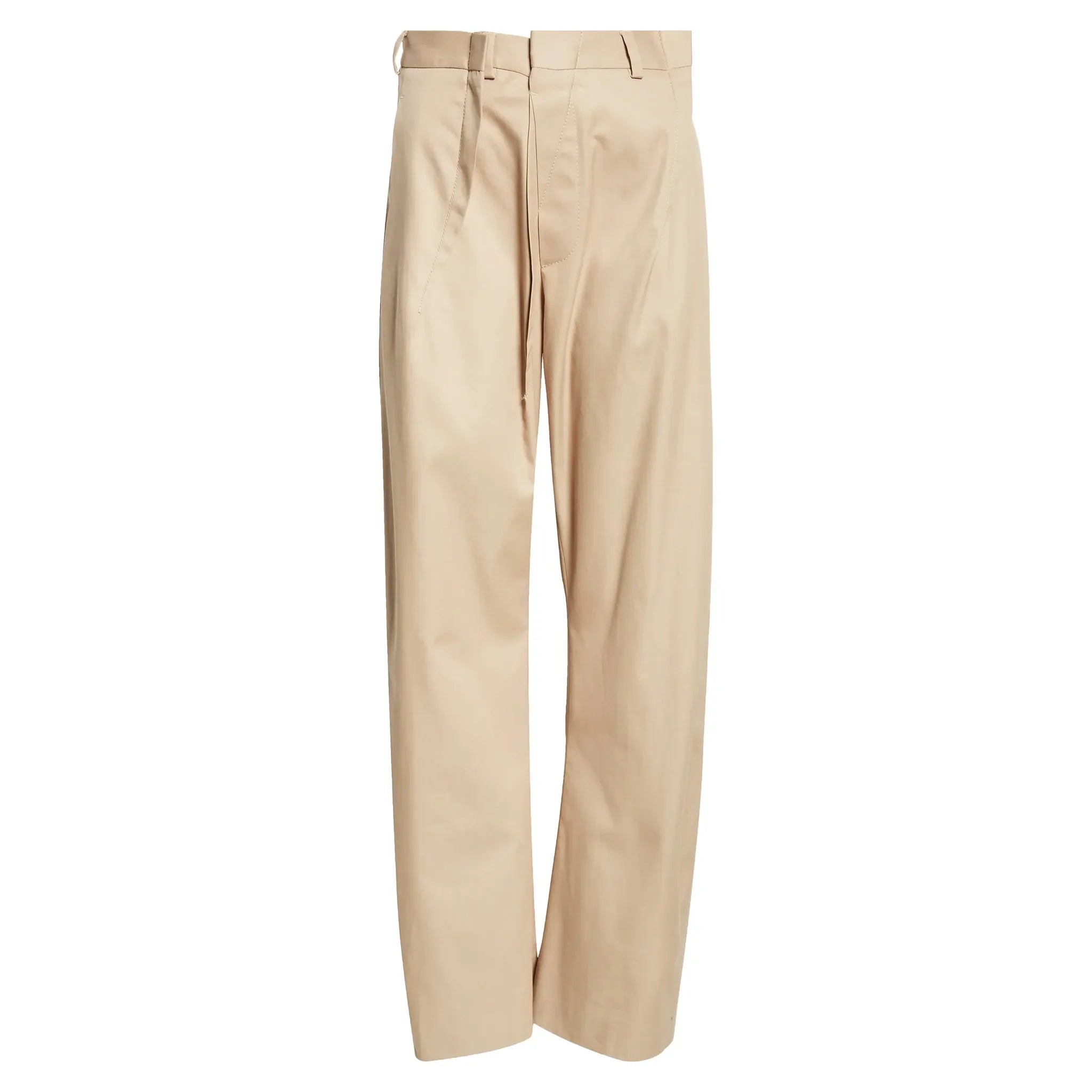 Maison Margiela beige pleated cotton gabardine straight-leg pants with belt loops, front pleats and a tailored silhouette, laid flat on a white background.