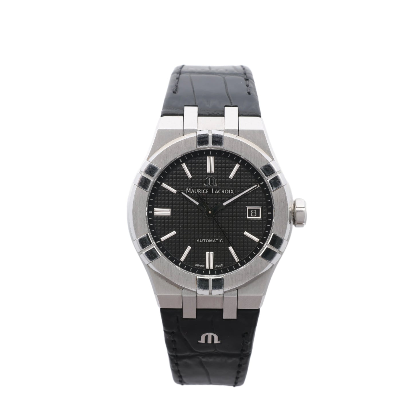 Maurice Lacroix Aikon 39 mm AI6007-SS002-330-1 AY36727 SS &amp; Leder AT Uhr mit schwarzem Zifferblatt