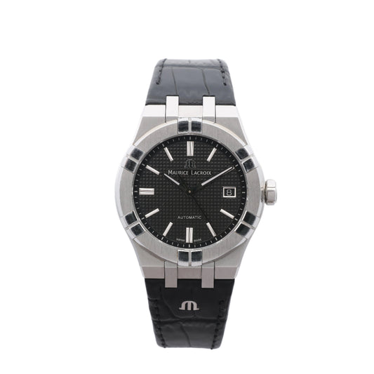 Maurice Lacroix Aikon 39 mm AI6007-SS002-330-1 AY36727 SS &amp; Leder AT Uhr mit schwarzem Zifferblatt