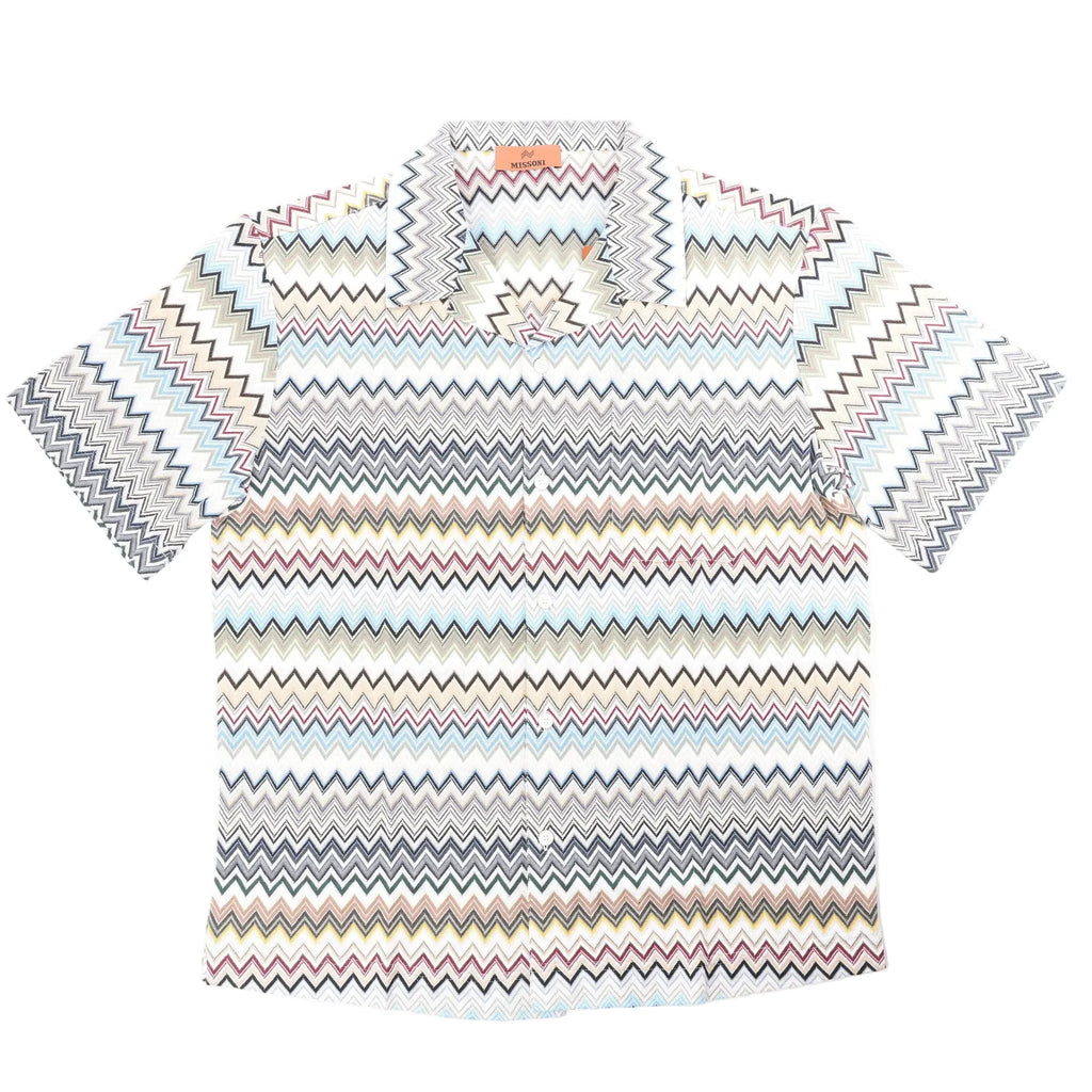 Missoni short sleeve button-up shirt with multicolor zigzag pattern on a gray base, featuring a spread collar and front buttons, size 48 IT.