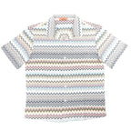 Missoni short sleeve button-up shirt with multicolor zigzag pattern on a gray base, featuring a spread collar and front buttons, size 48 IT.