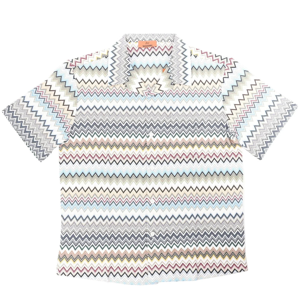 Missoni short sleeve button-up shirt with multicolor zigzag pattern on a gray base, featuring a spread collar and front buttons, size 48 IT.