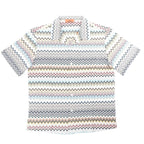 Missoni short sleeve button-up shirt with multicolor zigzag pattern on a gray base, featuring a spread collar and front buttons, size 48 IT.