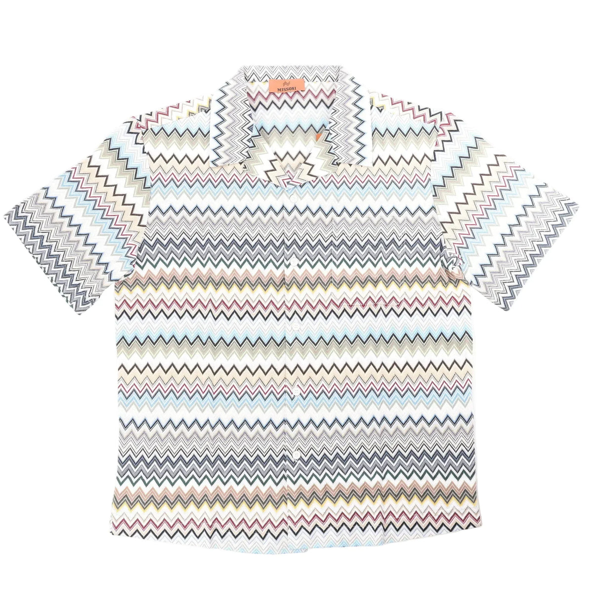 Missoni short sleeve button-up shirt with multicolor zigzag pattern on a gray base, featuring a spread collar and front buttons, size 48 IT.