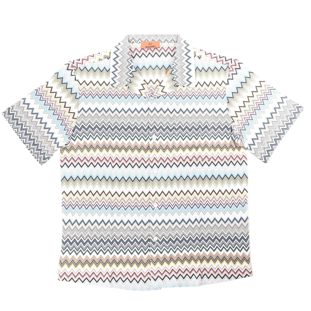 Missoni short sleeve button-up shirt with multicolor zigzag pattern on a gray base, featuring a spread collar and front buttons, size 48 IT.