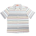 Missoni short sleeve button-up shirt with multicolor zigzag pattern on a gray base, featuring a spread collar and front buttons, size 48 IT.