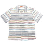 Missoni short sleeve button-up shirt with multicolor zigzag pattern on a gray base, featuring a spread collar and front buttons, size 48 IT.
