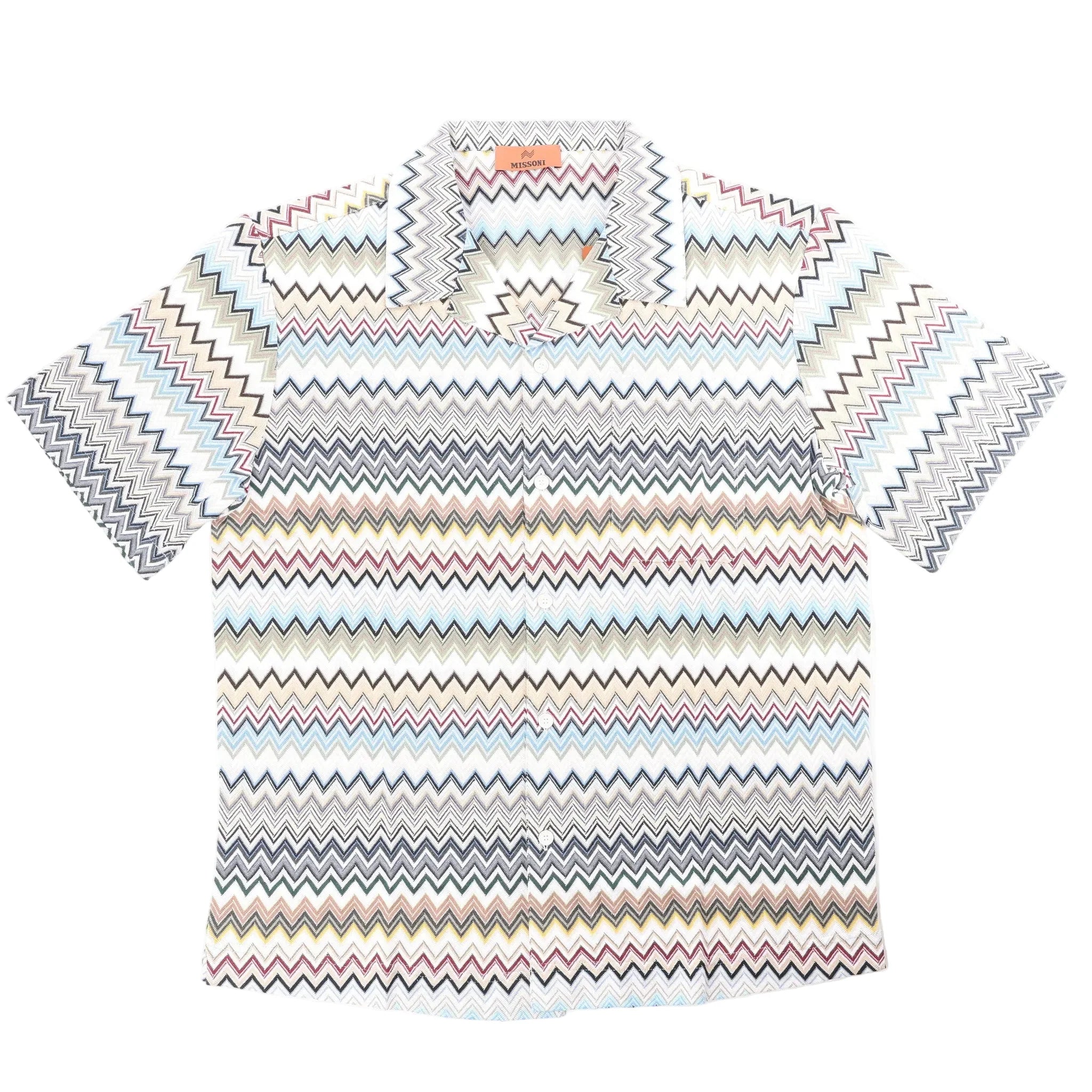 Missoni short sleeve button-up shirt with multicolor zigzag pattern on a gray base, featuring a spread collar and front buttons, size 48 IT.
