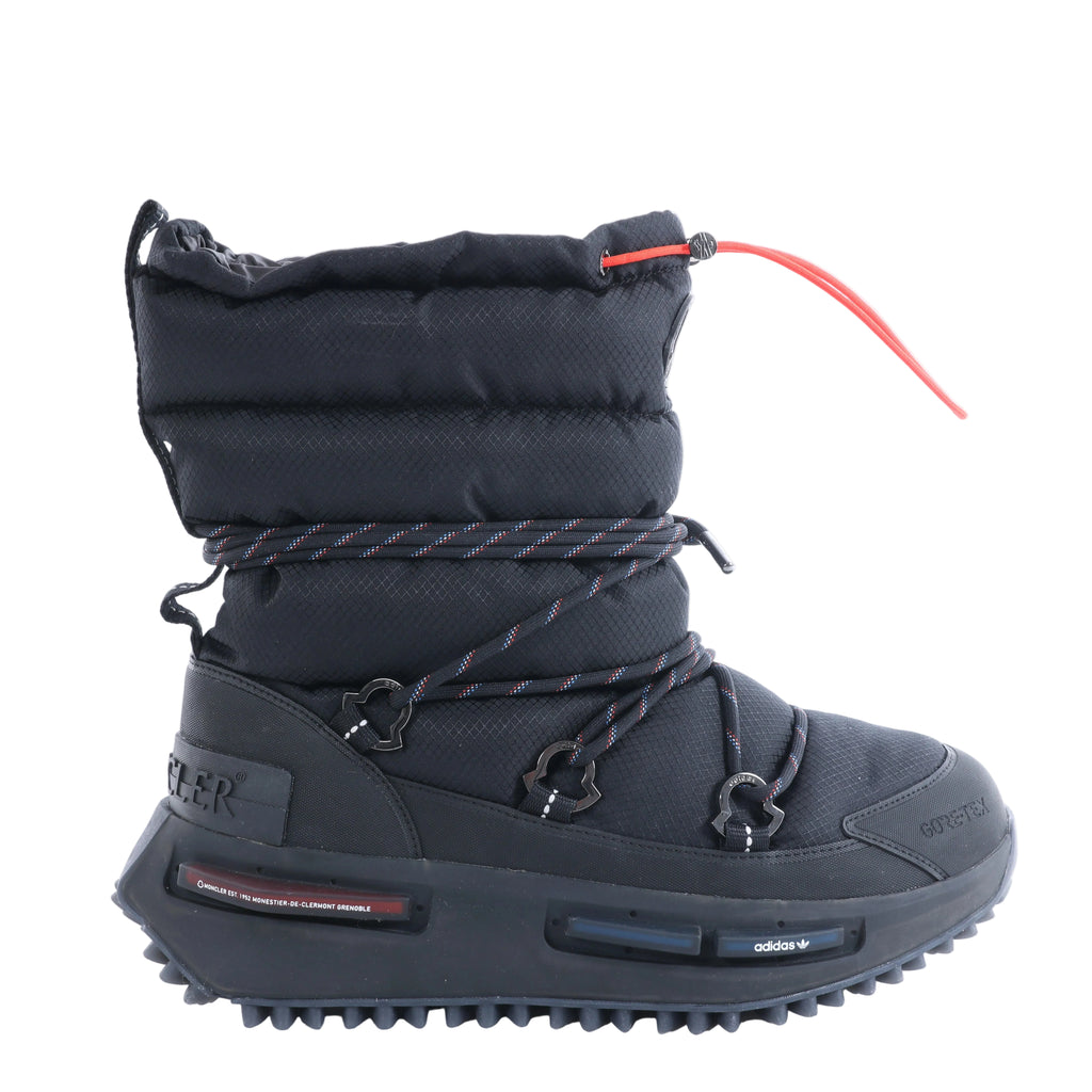 Moncler x adidas black padded high-top boot with wraparound laces, red drawcord, chunky black tread sole and adidas branding.