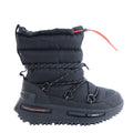 Moncler x adidas black padded high-top boot with wraparound laces, red drawcord, chunky black tread sole and adidas branding.
