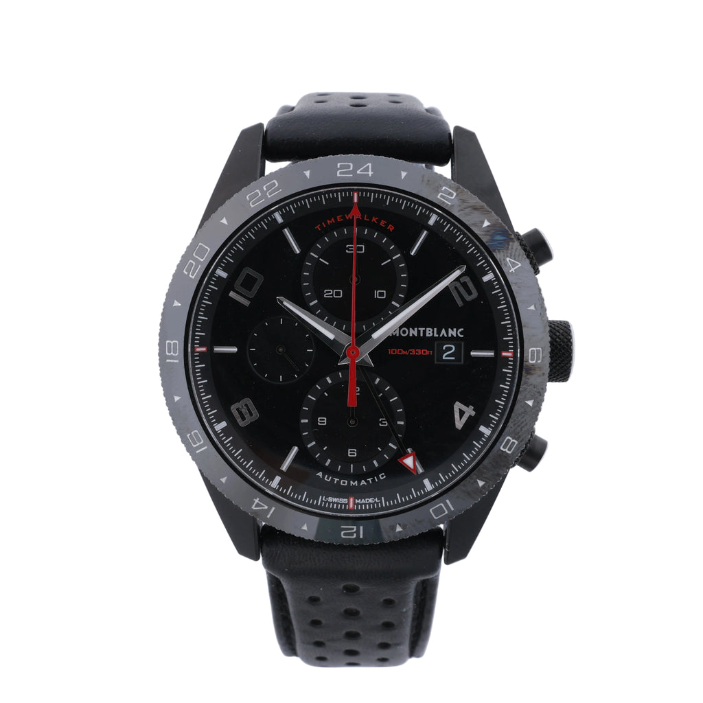 Montblanc TimeWalker black chronograph watch with black dial, red accents, 24-hour scale and perforated black strap.