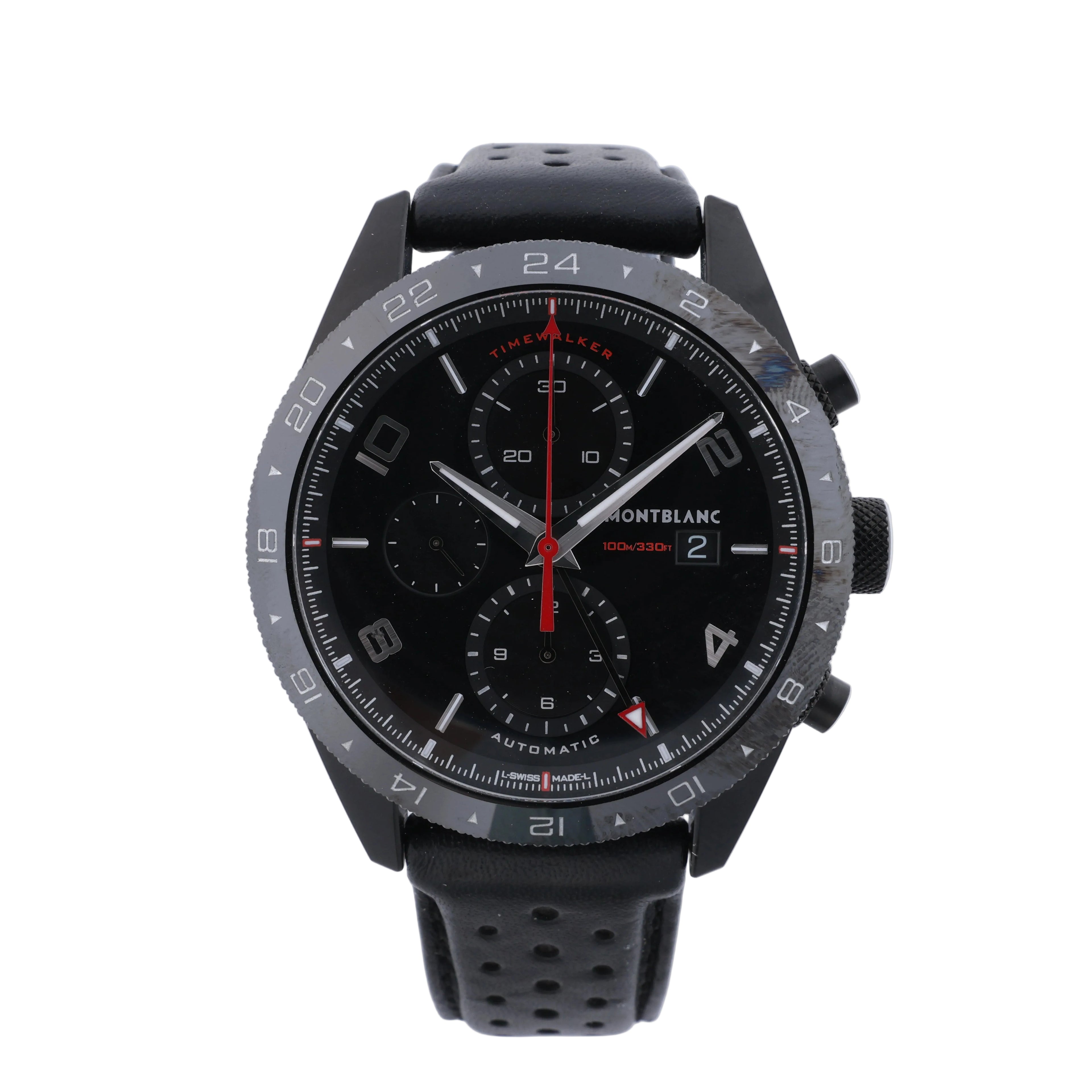 Montblanc TimeWalker black chronograph watch with black dial, red accents, 24-hour scale and perforated black strap.