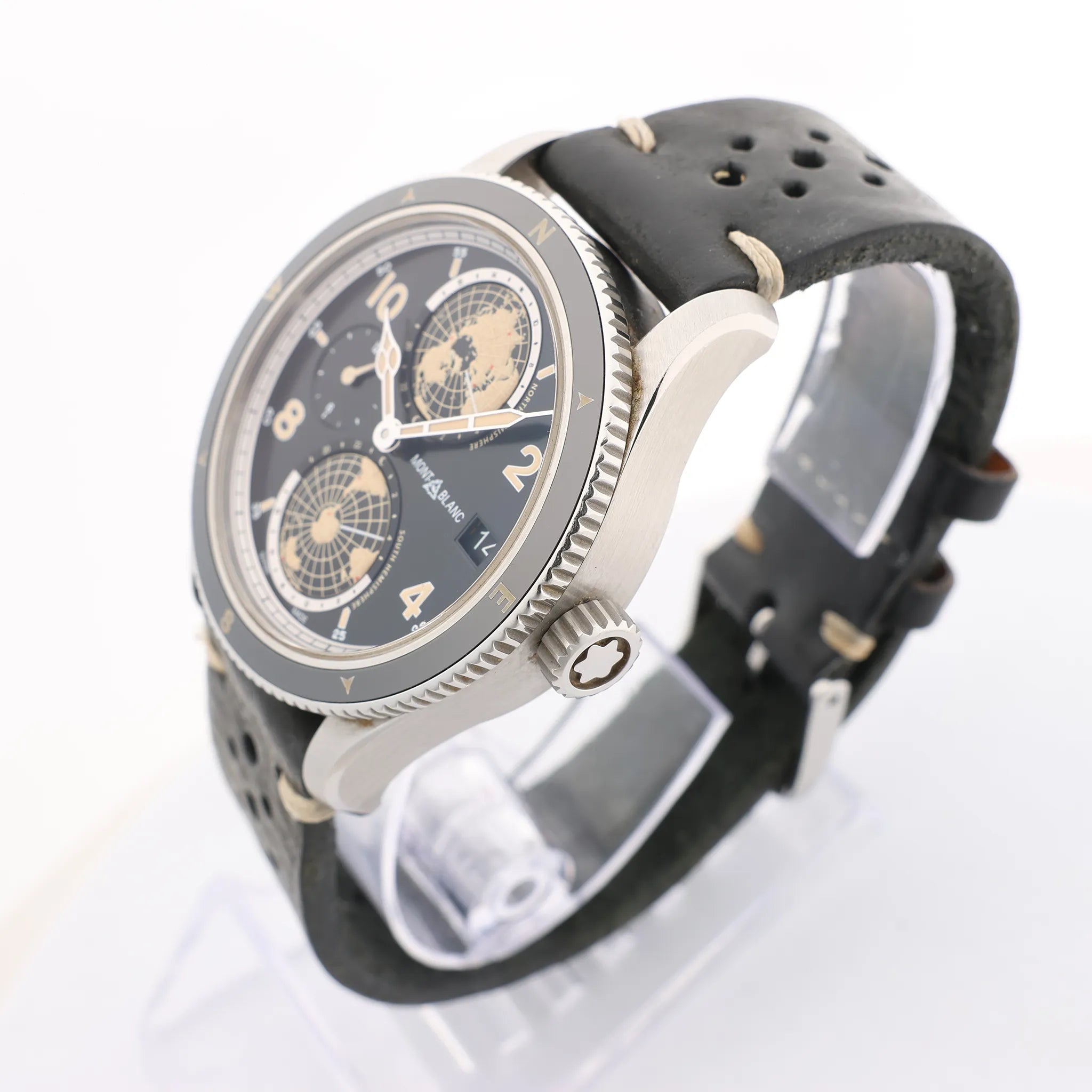 Montblanc Geosphere 119286 BBGJ3HDQ3 SS x Leather AT Watch with Black Dial