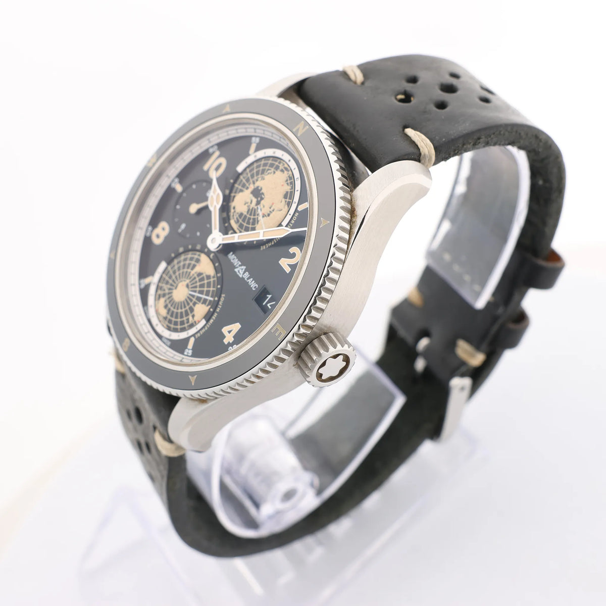 Montblanc Geosphere 119286 BBGJ3HDQ3 SS x Leather AT Watch with Black Dial