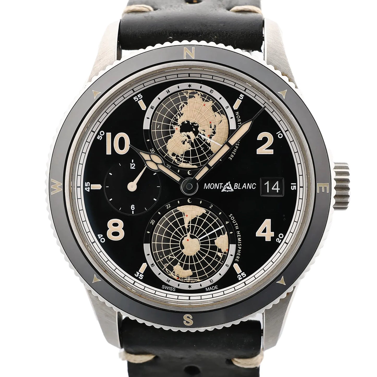 Montblanc Geosphere 119286 BBGJ3HDQ3 SS x Leather AT Watch with Black Dial