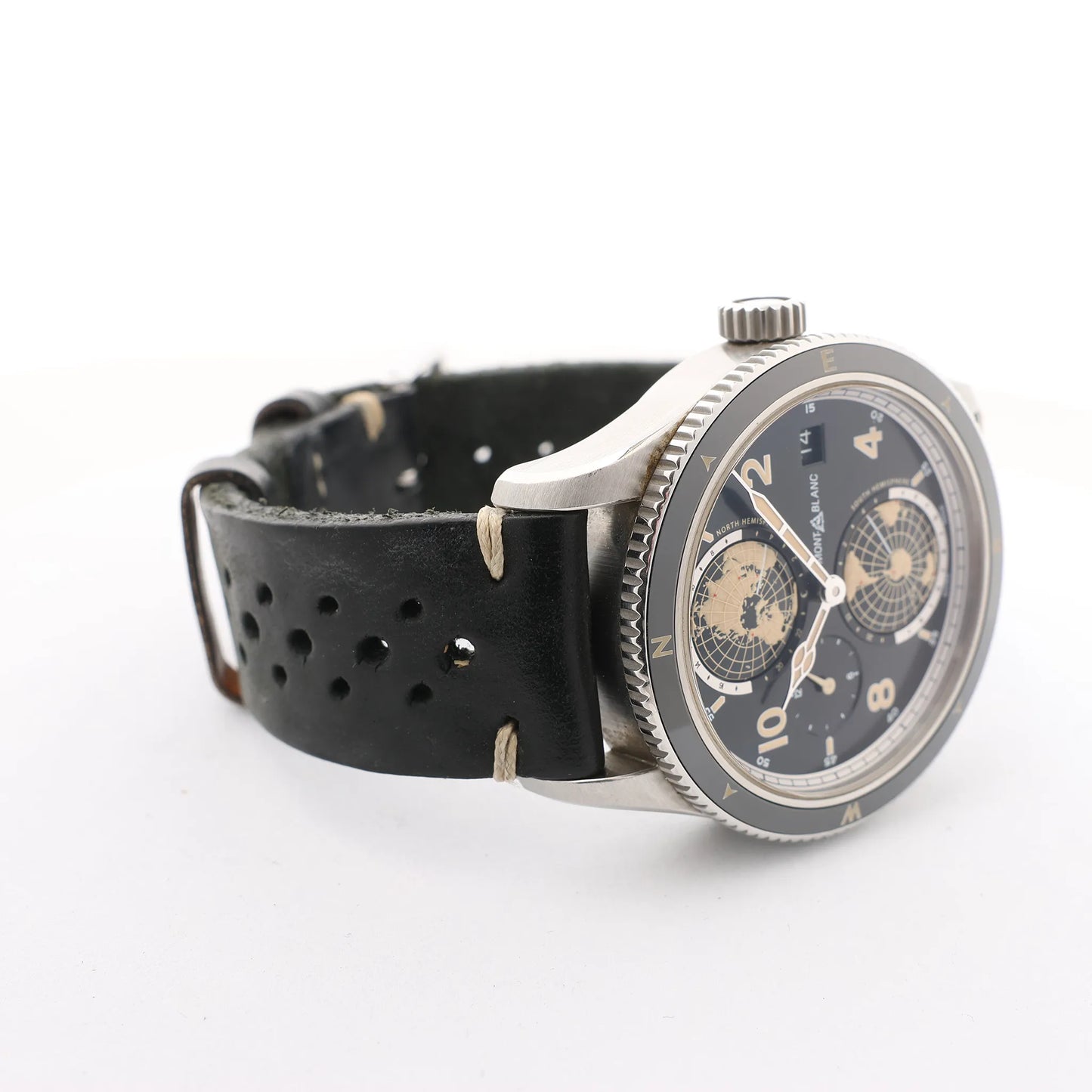 Montblanc Geosphere 119286 BBGJ3HDQ3 SS x Leather AT Watch with Black Dial