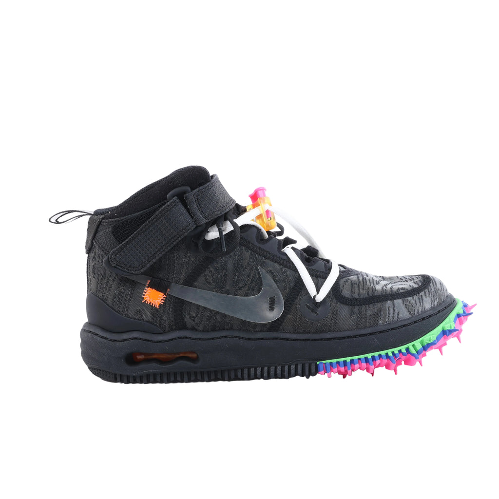 Nike x Off-White Air Force 1 Mid black high-top sneaker with layered mesh, black Swoosh, white laces, ankle strap and multicolor spiked outsole.
